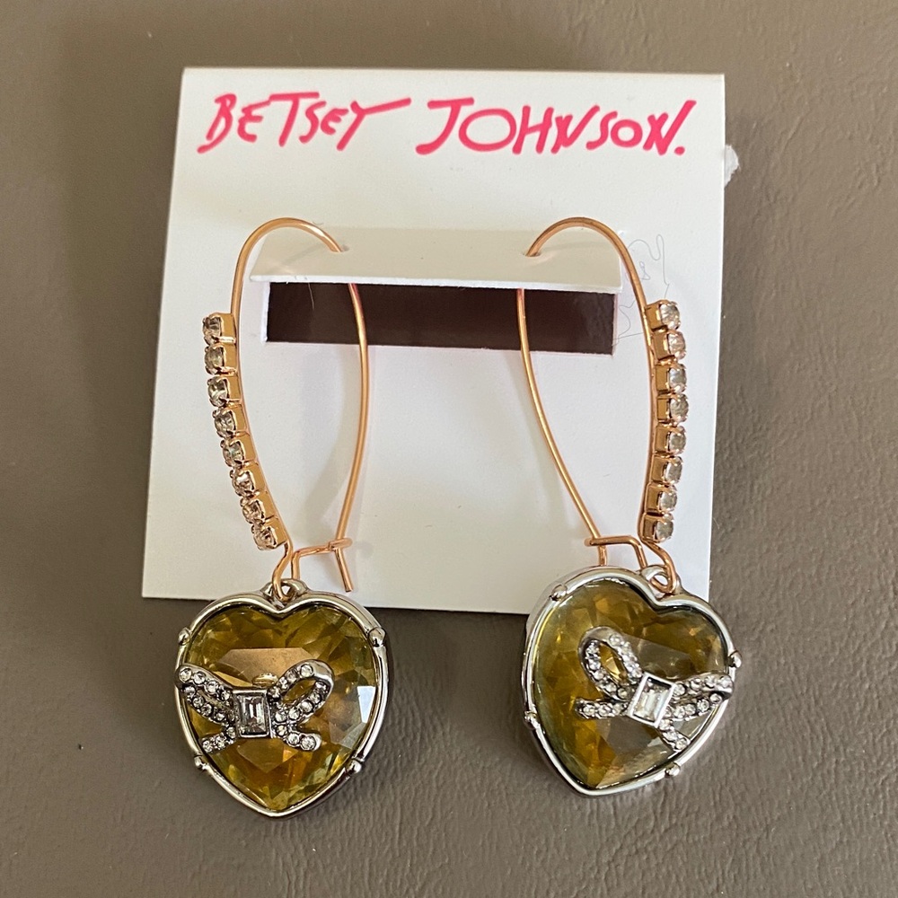 Betsey Johnson Yellow Heart Earrings with Crystal Accents